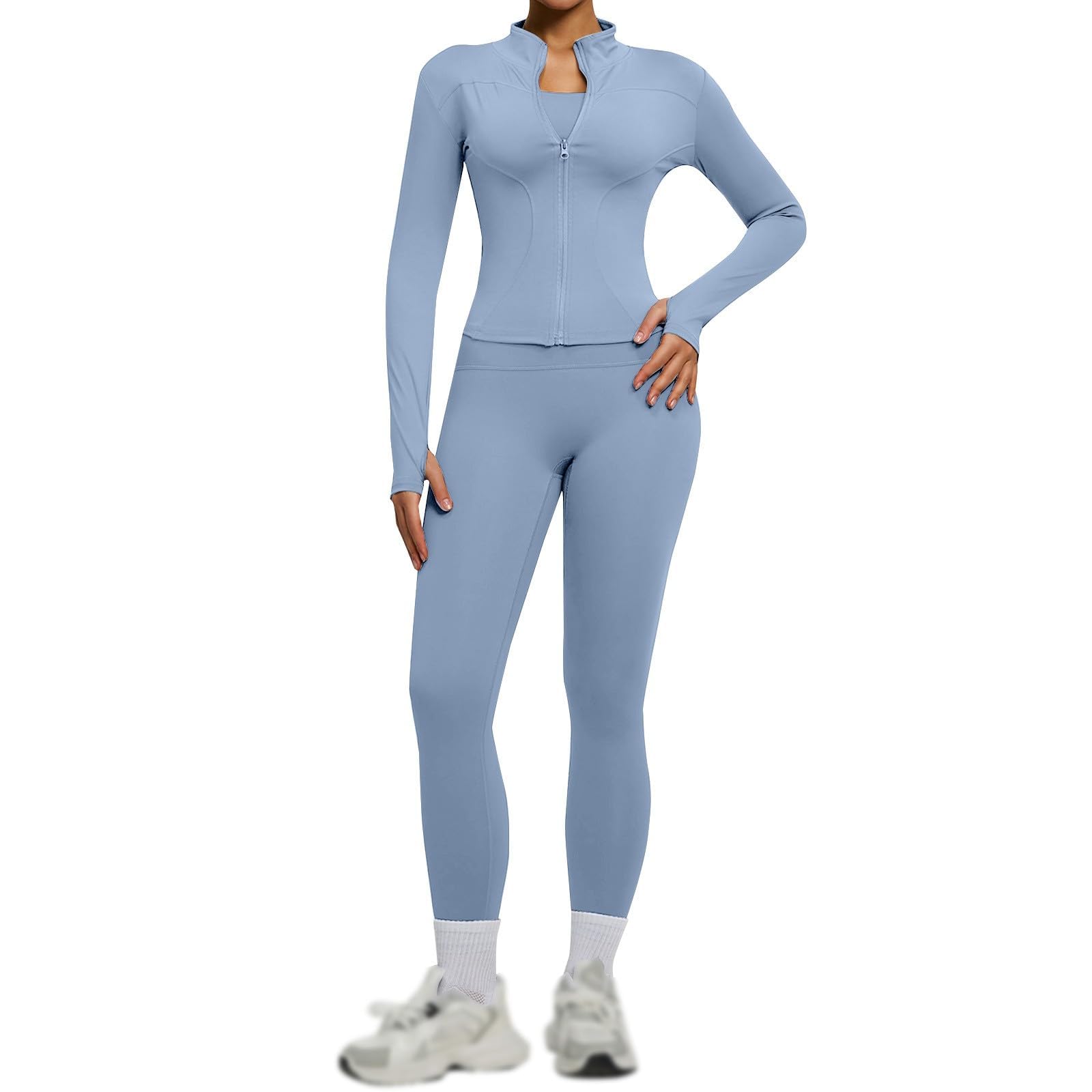 Sports Set Damen Yoga Pilates Outfit Sets Zweiteiler Bequem Elegant Reißverschluss Langarm Oberteile Mit Leggings Zweiteiliges Dasmen Trainingsanzug Set Sportsets