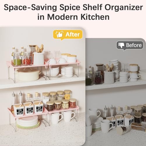 STARLATTA 2 Pcs Cabinet Organizer Shelf,Stackable Kitchen Counter Shelves, Spice Rack,Countertop Organizers,Pink Plastic Storage Shelves Rack for Makeup,Bathroom, Cupboard,Desk,Pantry Organization