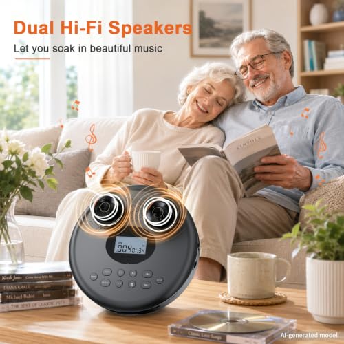 Image of ARAFUNA Portable CD Player Rechargeable with Bluetooth, Speakers for Home | Bluetooth RX /TX for Headphones, Speakers, Phone, Built-in Dual Speakers, large LCD Screen, Anti-Skip and Rechargeable for Car