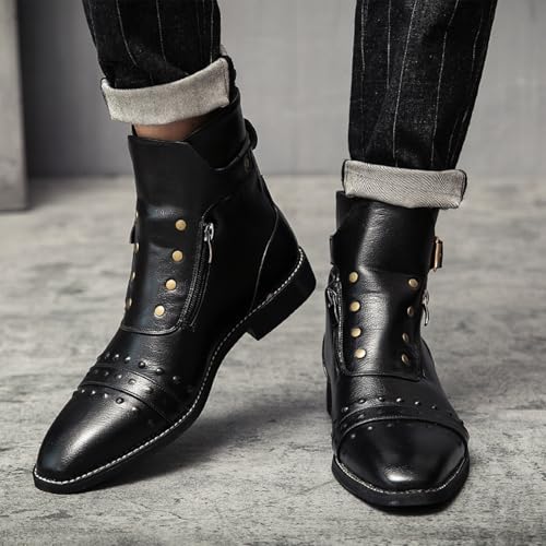 Image of Men's Leather Studded Chelsea Boots with Side Zipper,Adjustable Buckle Comfort Chunky Heel Dress Booties for Motorcycle Riding,Casual Non-Slip Oxford Ankle Boots for Punk Rock Formal