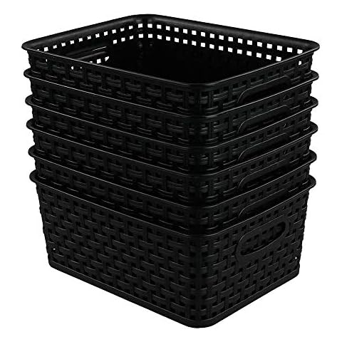 CadineUS 6-pack Black Woven Plastic Storage Baskets Organizing Bins Cover