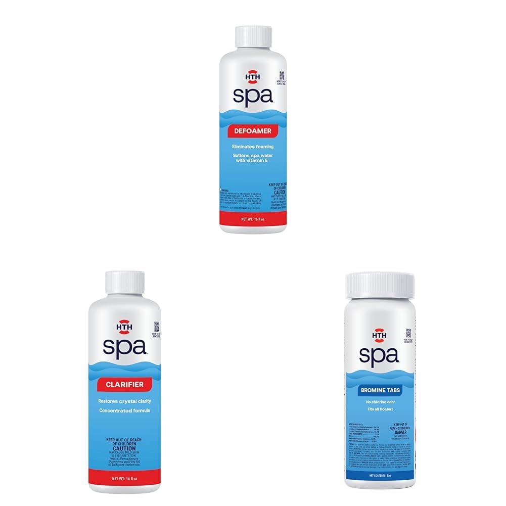 HTH Spa 86116 Defoamer & Spa 86121 Clarifier, Concentrated Spa & Hot Tub Chemical for Crystal Clear Water, 16 oz & Spa 86108 Bromine Tabs, Spa & Hot Tub Chemical Sanitizer, Fits All Floaters, 2 lbs