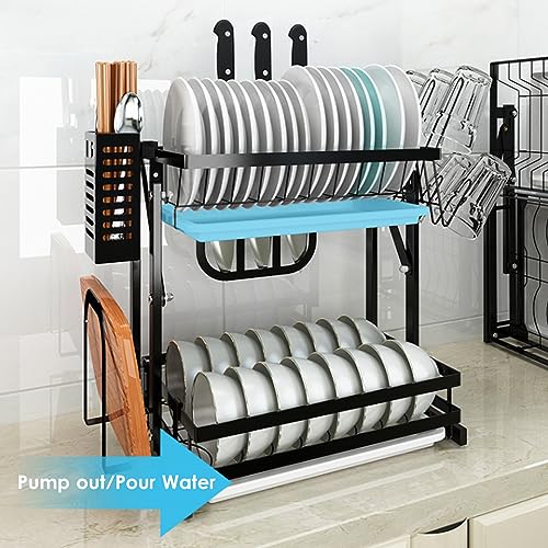 Escurridor para platos/secador/escurridor/escurridor sobre fregadero, soporte plegable de 2 niveles con bandeja de goteo, acero inoxidable, revestimiento negro