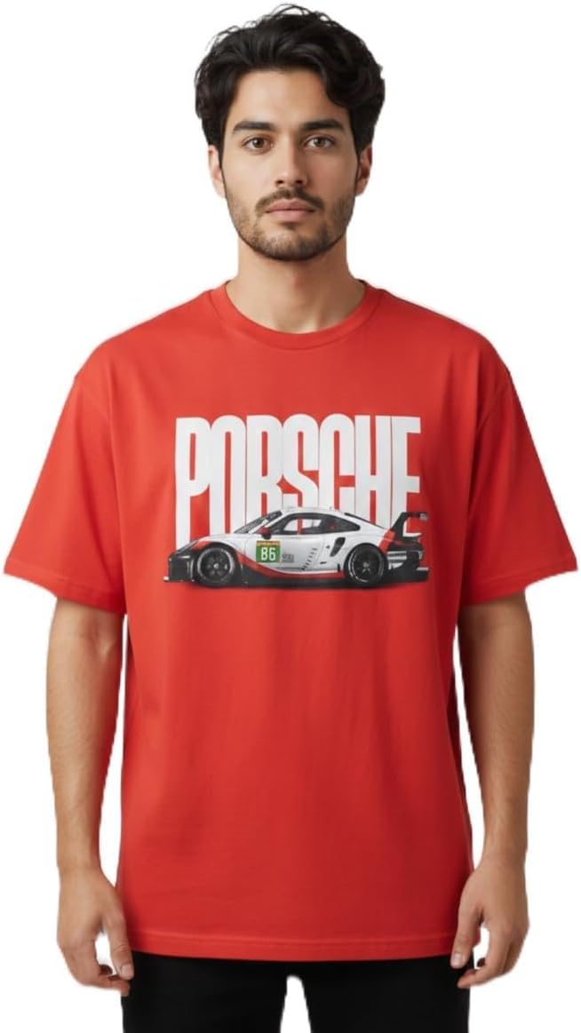 Porsche Car Design Print T-Shirt for Men, 100% Cotton, High Neck Turtleneck, Full Sleeve, Regular Fit, F1 Racing Theme