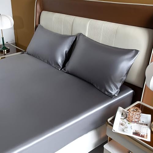 Czrfxy Satin Sheets King Size Bed, 4 Pieces Grey Silky Satin Sheet, Silky Soft Satin Microfiber Bed Set With 2 Pillowcase, 1 Deep Pocket Fitted Sheet, 1 Flat Sheet, Wrinkle, Fade, Stain Resistant #TOP2