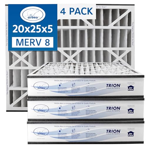 Air Bear 20x25x5 Pleated HVAC Air Filter MERV 8 (4-Pack) (actual size: 19.75 x 24.25 x 4.9 in.) compatible part number 255649-102