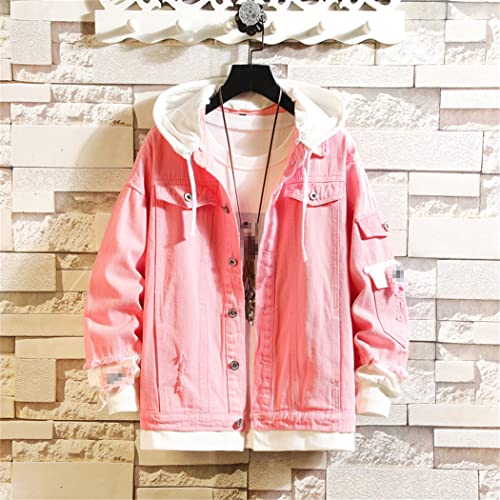 Pink Black Jeans Jacket Autumn Men Slim Streetwear Ripped Denim Jacket Hip Hop Hoodie Bomber Jacket2