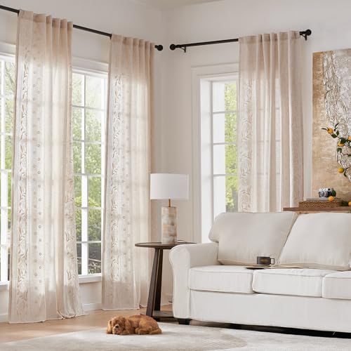 Image of jinchan Ivory Floral Linen Curtains for Living Room 72 inch Back Tab 2 Panels