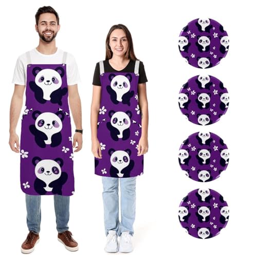 Tablier panda mignon lot de 2 en tissu doux réglable avec poches