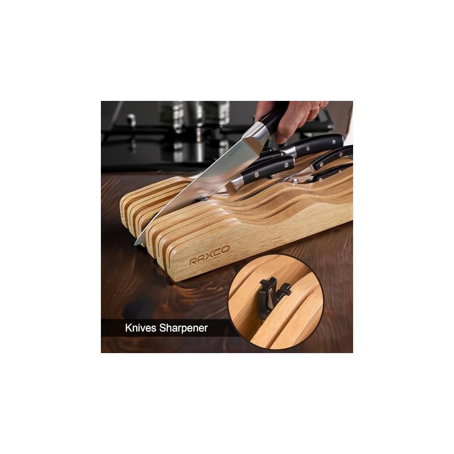 RAXCO Knives Set For Kitchen,13Pieces Kitchen Knife Set-6 Kitchen Knives,4 Steak Knifes,Drawer Knife Set With Built-in Sharpener