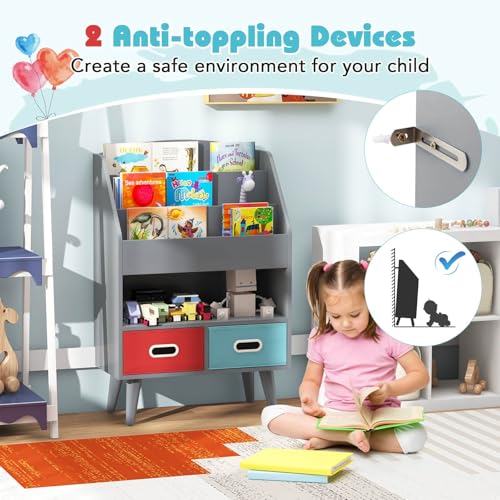 HONEY JOY Kids Bookshelf, Children Book Display Rack with 3-Tier Bookshelves, Open Compartment & 2 Fabric Drawers, Bookcase Toy Organiser for Playroom, Classroom & Nursery, for Toddlers 3+ Years, Grey - Image 5