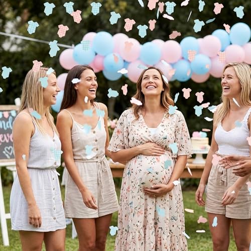 Image of BeYumi Baby Shower Table Confetti - 300Pcs Blue Pink Short-Sleeve Bodysuits Table Confetti Decorations Plaid Baby Outfit Scatter Paper Decor for Baby Girls Boys Gender Reveal Birthday Party Supplies