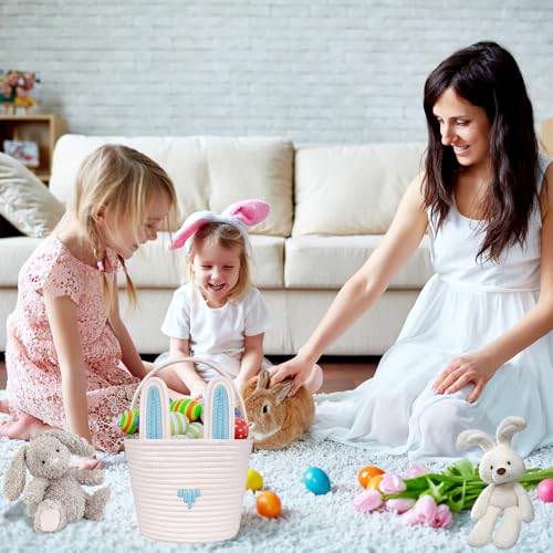 Image of Easter Basket Empty Bunny Egg Baskets With Handle And Ears Easter Gifts Cute Woven Basket (blue)