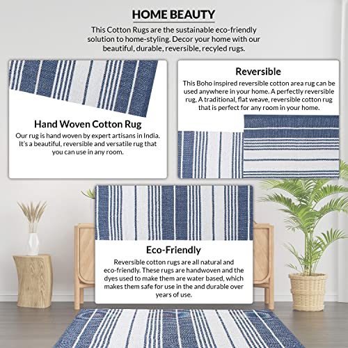 Asraie Hand Woven Cotton Striped Rag Rug | Cotton Reversible Rugs | Recycled Cotton Area Rug For Living Room Kitchen Entryway 2X3' (Navy Blue & White) #TOP3