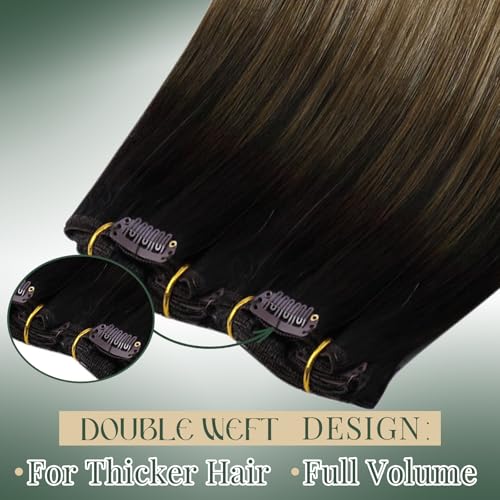 Image of Ugeat Clip in Hair Extensions Human Hair Brown Balayage 14 Inch 7pcs 105g | Human Hair Clip in Extensions , Dark Brown Balayage Chocolate Brown