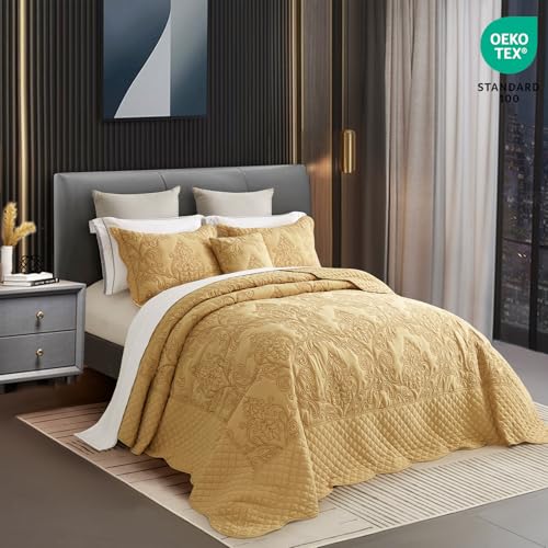 Image of CHIXIN Bedspread Coverlet Quilt Set Full Size - Lightweight Bedding Cover - Beautiful Stitching - 5 Piece Reversible Bedspread - Luxury Damask Paisley Pattern (Full, Honey-Gold)