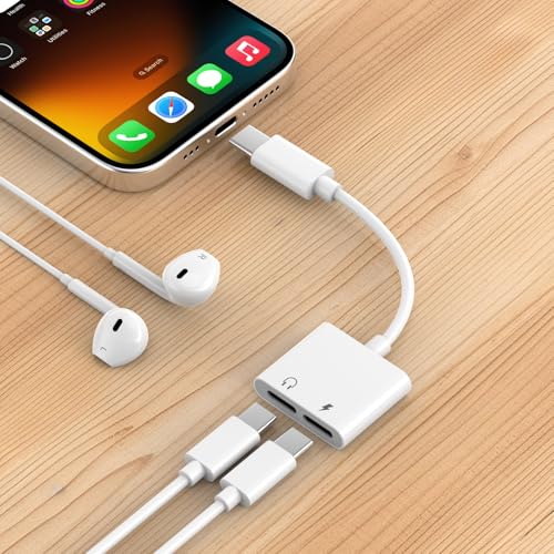 1 Pack Dual USB C Headphone and Charger Adapter Compatible for iPhone 16/16 Plus/16 Pro/16 Pro Max/15/15 Plus/15 Pro/15 Pro Max, USB Type C to Aux Audio + Charge Dongle Adapter