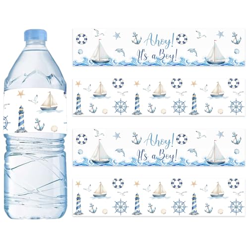 Labels, 52pcs Ahoy! It&rsquo;s A Boy Theme Waterproof Water Bottle Stickers For Nautical Baby Shower Gender Reveal Party Decorations Supplies