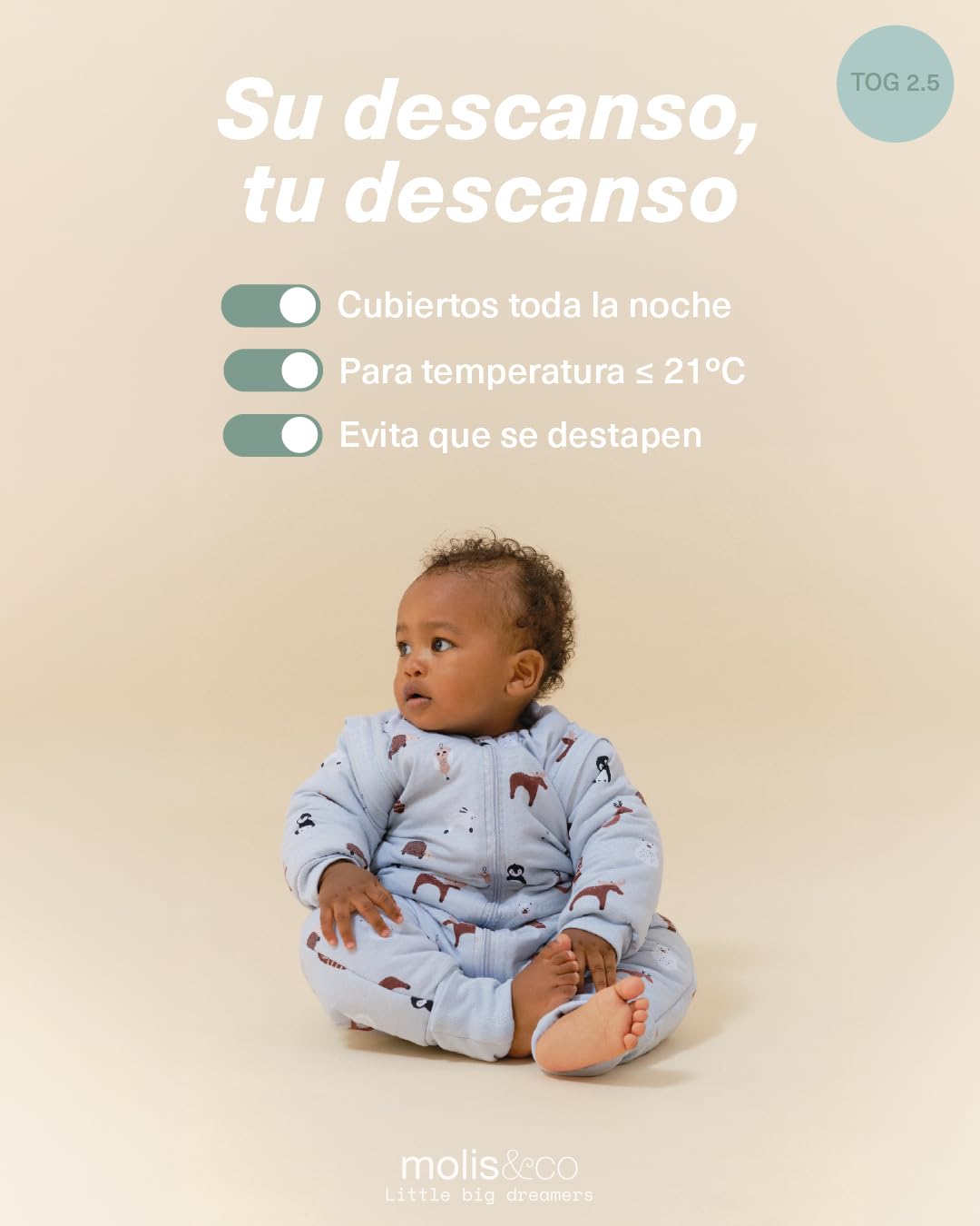 molis&co. Pijama Manta con Mangas Desmontables, Calcetines Antideslizantes, TOG 2.5 Estampado Winter Animals, Algodón 100%, Oeko-Tex 100 Certificado, 3 años