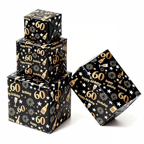 Jatidne 60th Birthday Wrapping Paper Recyclable with Ribbon Gift Wrap Birthday Paper 60th Birthday Gifts for Men and Women Pack of 6