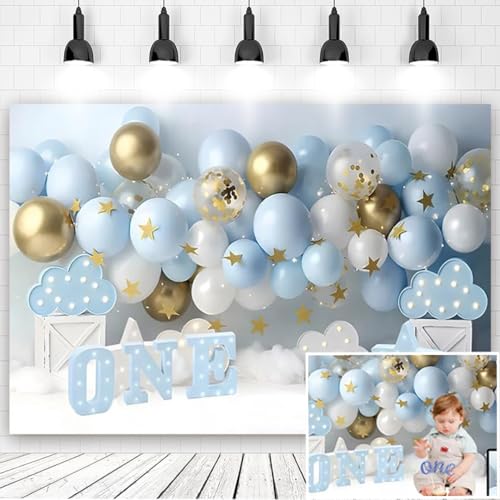 Fondo azul con globos para primer cumpleaños 7x5 ft miniatura 1