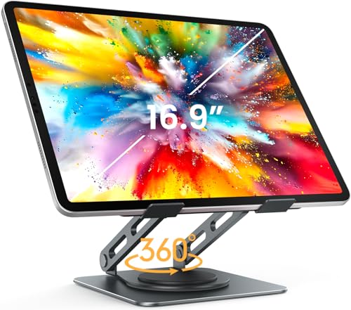 Image of LOXP Metal Tablet Stand, 360 Rotating iPad Stand with Heavy-Duty Base, Tablet Holder Compatible with 4.0-16.9 inch Device, iPad Pro Air Mini, Kindle, Surface Tablet, Portable Monitors - Gray