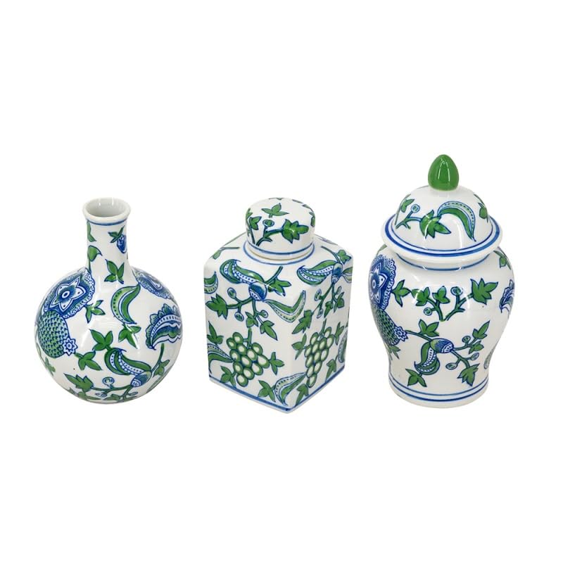 Set of 3 Porcelain Ginger jar vases - Decorative Nature-Inspired Home Decor - Product Details Included