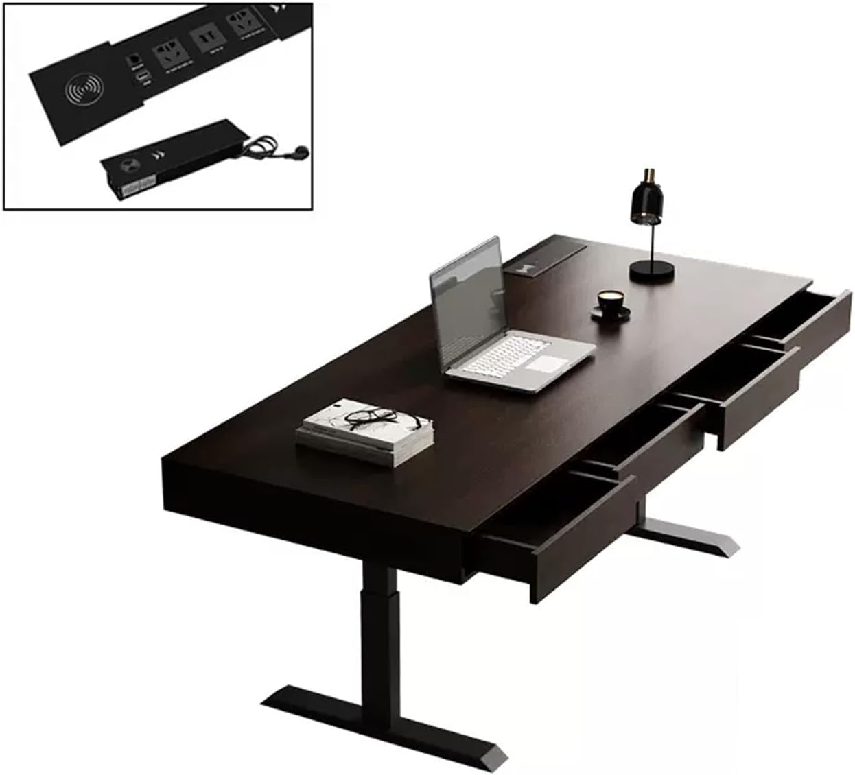 WAOCEO PC Table Luxury Style Modern Wood Intelligent Electric Lift with Drawers