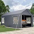 EROMMY Carport, 10x20 Ft Heavy Duty Carport with Roll-up Windows?Portable Garage with Removable Sidewalls, Car Canopy with All-Season Tarp and Sandbags for Truck, Tractor, Boat, Grey