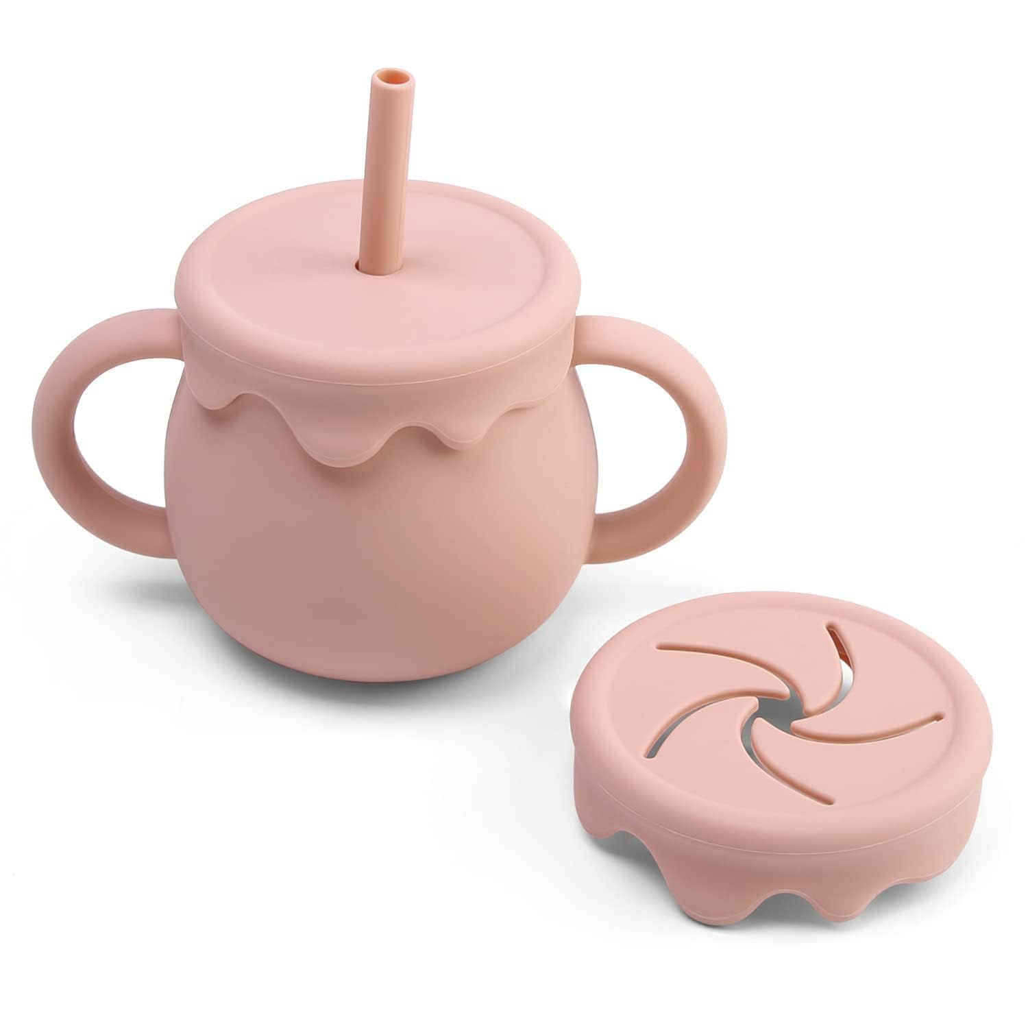 Mom's Aura 2-in-1 Silicone Baby Cups with Straw and Lid for Snacks 8.5 oz Spill-Proof Sippy Cups