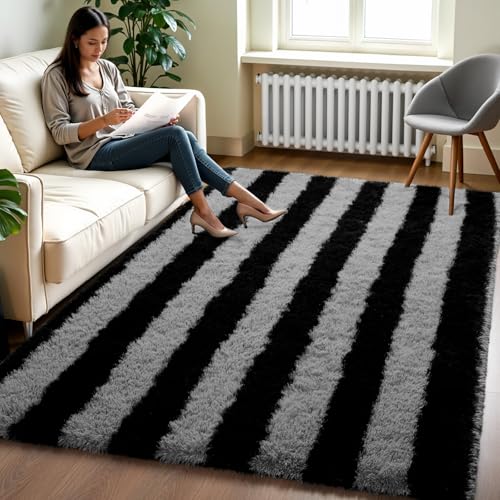 Zentavio Area Rugs for Living Room Rugs for Bedroom 4x6 Carpet Fluffy Fuzzy Soft Shag Aesthetic Plush High Pile Gray Throw Rug for Nursery Kids Room Dorm Horizontal Stripes Black Grey