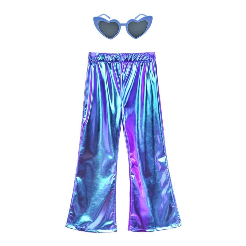 Perfashion Girls' Shiny Metallic Flared Pants Festival Dance Pants Disco with Sunglasses Wide Leg Trousers 6-15 Years2