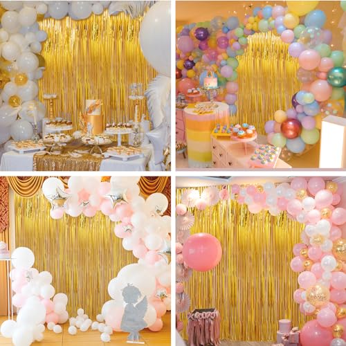 Image of 2 Pack Gold Foil Fringe Curtains Streamers Party Decorations 3.3 x 8.2 ft, Gold Tinsel Curtain Fringe Backdrop for Parties, Door Fringe Birthday Streamers, Photo Booth Backdrops, Party Decor