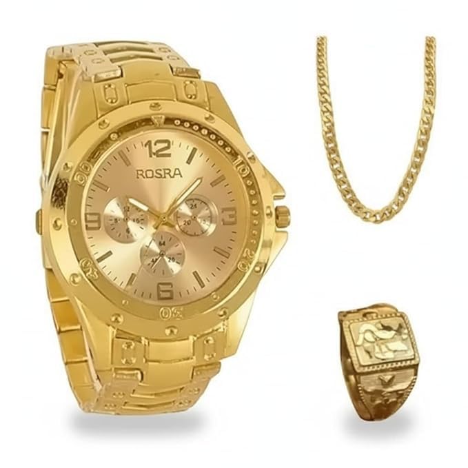 DANEVSALE Men's Watch Chain and Ring Combo Set, Analog Wrist Watch with Matching Chain and Fashion Ring, Gift Set for Men and Boys (Gold::Black) (Gold)