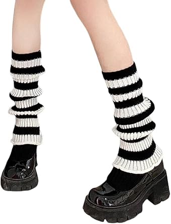 Leg Warmers Y2K for Women, Black and White Striped Flared Leg Warmer Fashion Knit 80s Socks Over Knee Wide Leg Warm Flared Leg Warmers Elephant Socks