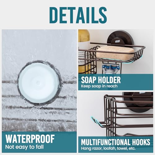 Image of TAILI Shower Caddy Suction Cup with Hooks & Soap Holder, Brown Shower Shelf