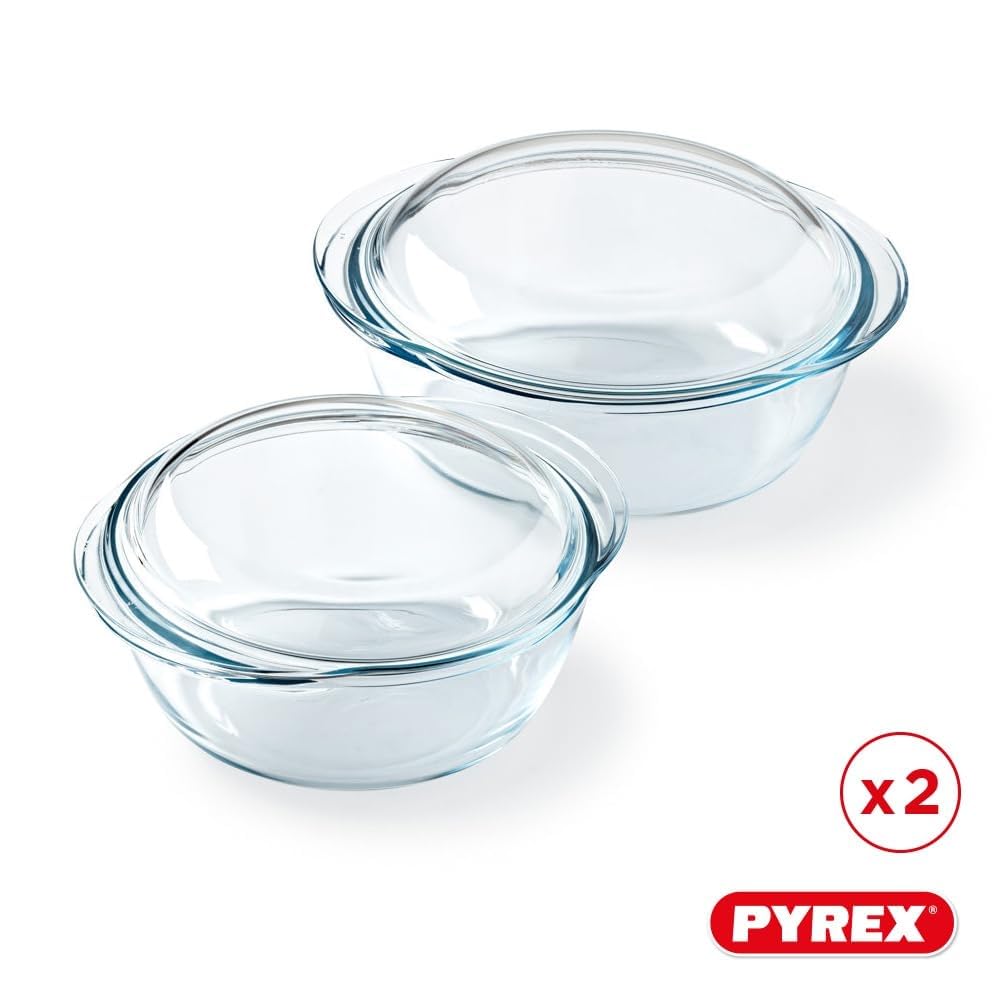 Pyrex 4 in 1 – Set mit 2 Schmortöpfen – 1,6 l und 2,3 l – Borosilikatglas – Dampfgaren – mikrowellengeeignet – spülmaschinenfest