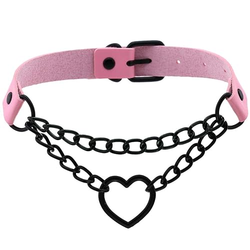 FM FM42 PU Simulated Leather Gothic Punk Black-tone Silver-tone Heart Ring Cuban Curb Link Chain Adjustable Neckband Collar Choker - Black-tone, Pink