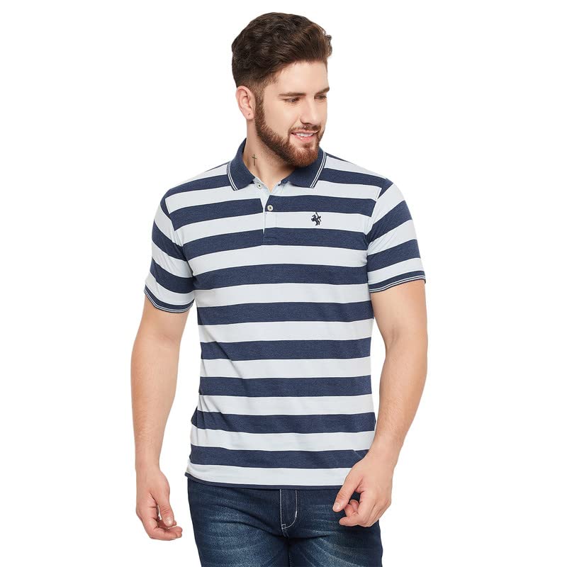 Image of Cantabil T-Shirt for Men l Breathable & Soft with Color Fastness Regular Fit Polo Neck Cotton Blend Fabric Striped Pattern