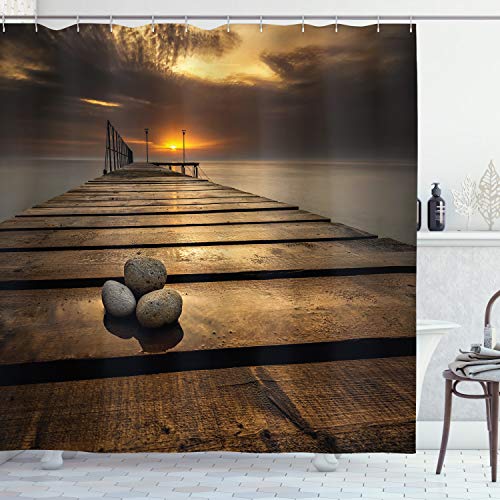 ABAKUHAUS Ocean Shower Curtain, Black Sea at Dusk Sunrise Tranquil Scene Coastline with Wooden Pier Picture