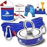 Complete 1300LB Double-Sided Fishing Magnet Kit Strong Christmas Heavy Duty Neodymium Magnet for Retrieving Items in River, Lake, Beach, Lawn with Rope,Hook,Gloves,Towel,Collapsible Bucket, Etc.