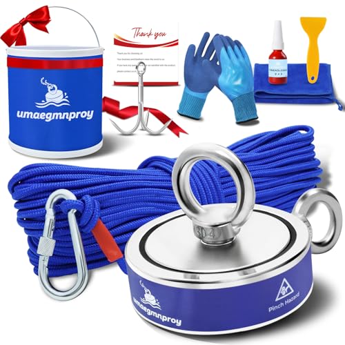Complete 1300LB Double-Sided Fishing Magnet Kit Strong Christmas Heavy Duty Neodymium Magnet for Retrieving Items in River, Lake, Beach, Lawn with Rope,Hook,Gloves,Towel,Collapsible Bucket, Etc.