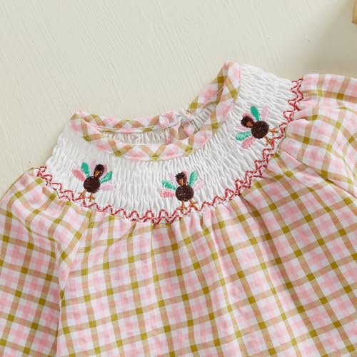 Baby Girl Thanksgiving Outfit Turkey Smocked Bubble Romper Long Sleeve Plaid Bodysuit Infant Fall Clothes4