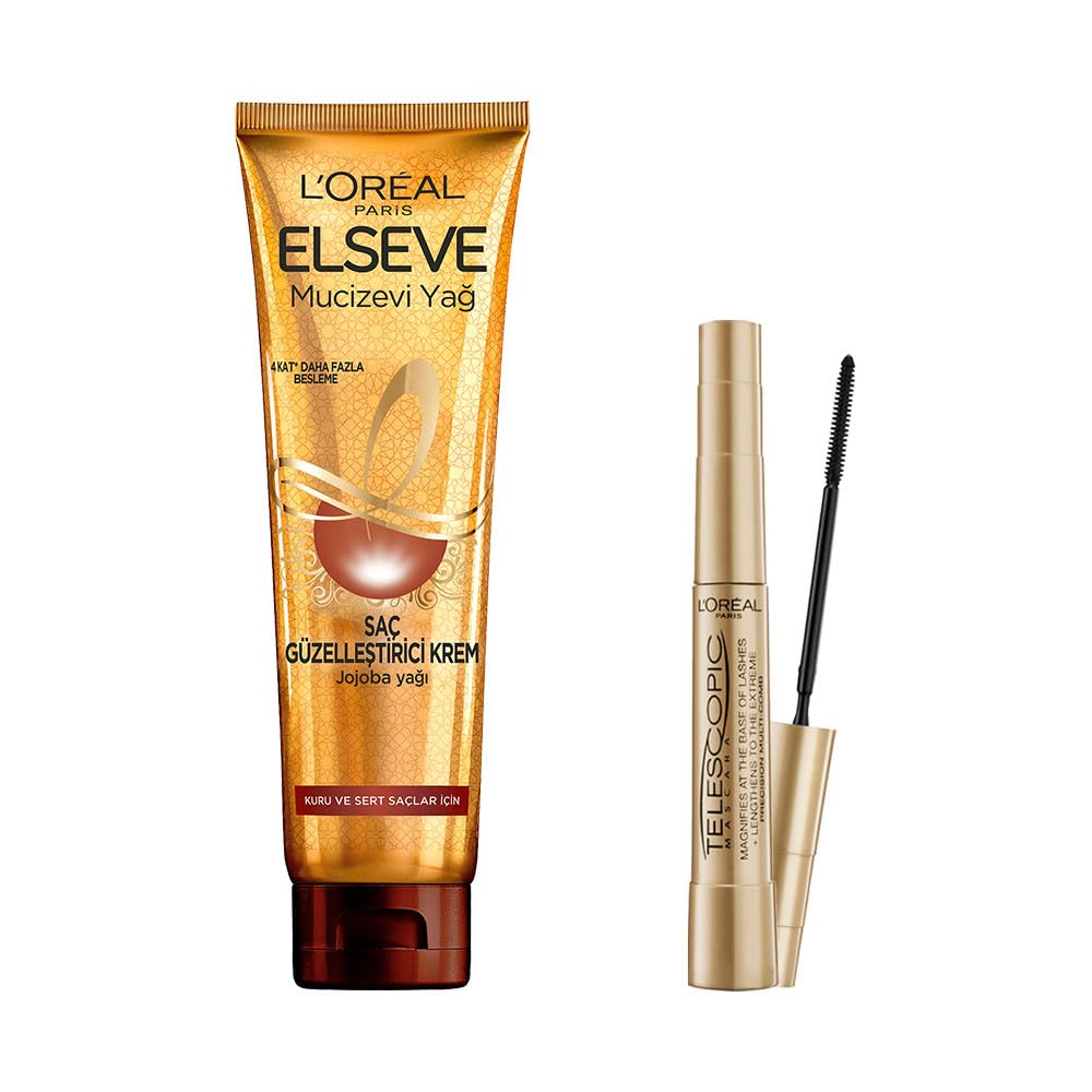 L’Oréal Paris Telescopic Maskara - Siyah & Elseve Mucizevi Yağ Saç Güzelleştirici Krem 150 ml - Kuru ve Sert Saçlar Makyaj Seti