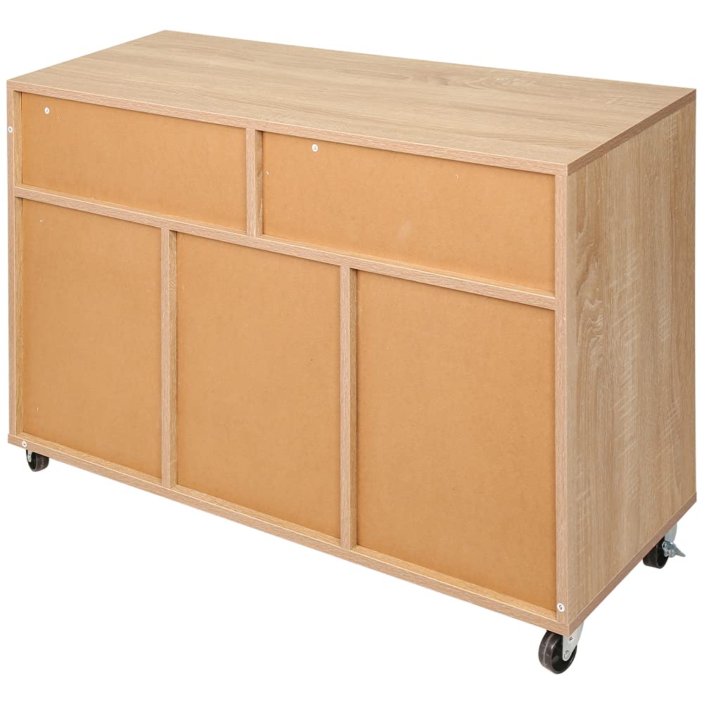 BAKAJI Mobile Multiuso Porta Stampante in Legno con 3 Mensole, 2 Cassetti con Chiave e 1 Armadietto con Scomparti, Mobiletto da Ufficio Archivio Portadocumenti con Ruote Mobili, 100x35x65cm (Quercia)