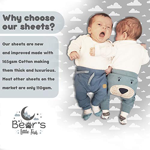 Bear's Little Fish- Spannbetttuch für die Wiege - 3er-Pack aus 100% Atmungsaktiver Baumwolle für Junge und Mädchen, Passend für die Meisten Bettlakenunterlagen (Grau)