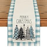 Picture of Artoid Mode Bule Watercolor Buffalo Plaid Christmas Trees Merry Xmas Table Runner, Seasonal Winter Holiday Kitchen Dining Table Decoration for Indoor Outdoor Home Party Decor 13 x 72 Inch