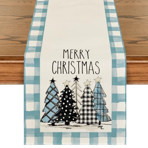Artoid Mode Bule Watercolor Buffalo Plaid Christmas Trees Merry Xmas Table Runner, Seasonal Winter Holiday Kitchen Dining Table Decoration for Indoor Outdoor Home Party Decor 13 x 120 Inch