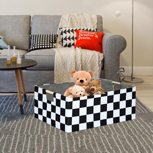 Image of Checkered Storage Basket Room Decor Gifts Basket Foldable Nursey Box Kids Hamper Storage Cube for Women Closet Organizer Boys Car Toys Bins with Handles