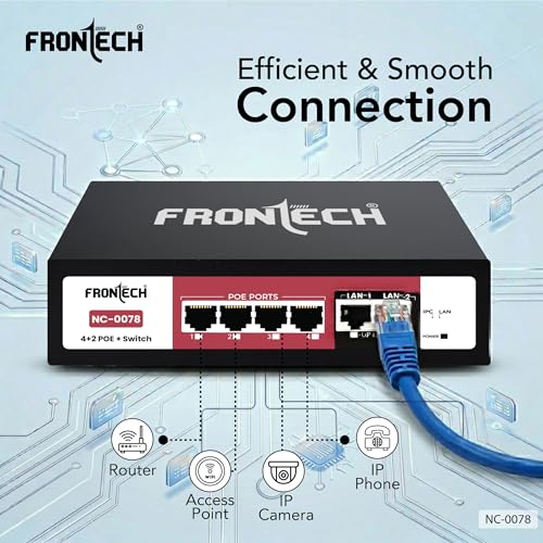 Image of Frontech PoE+ Switch | 4+2 Ports | 72W Power | 250m Extend | 10 /100 Mbps | Dual Uplink | Plug & Play | ESD Protection | Ideal for CCTV /IP Camera /NVR | 2 Year Warranty (NC-0078)
